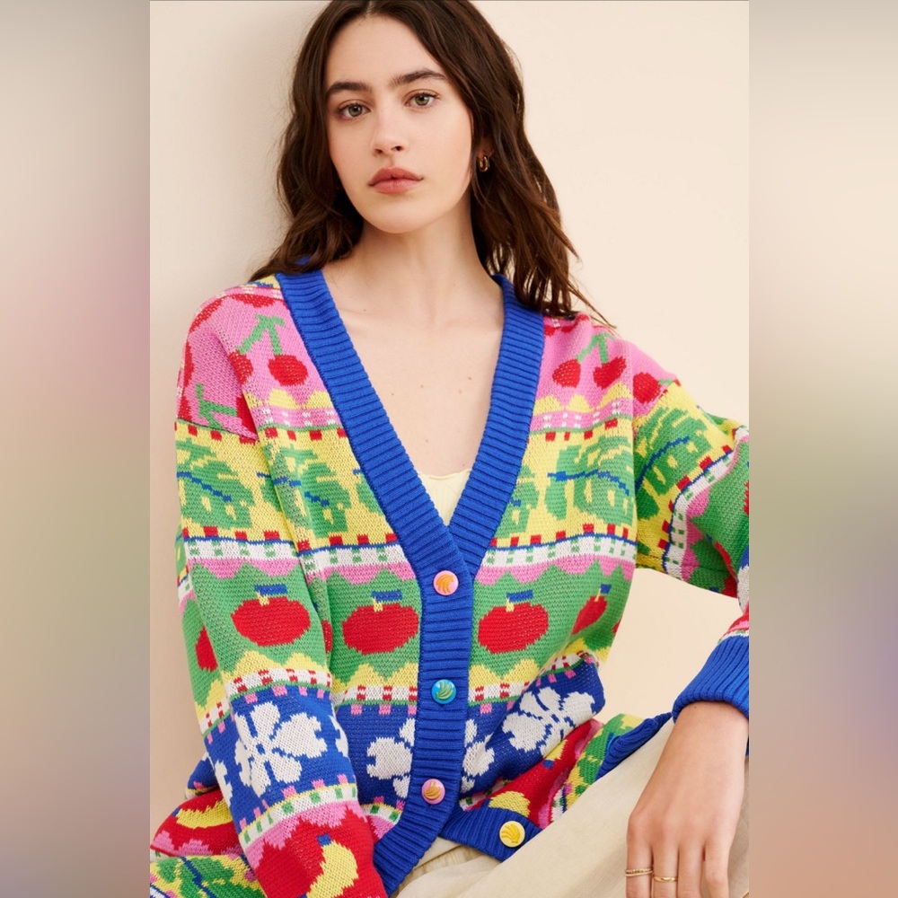 FARM Rio Anthropologie Sweet Orchard Knit bright Multicolor V-Neck Cardigan